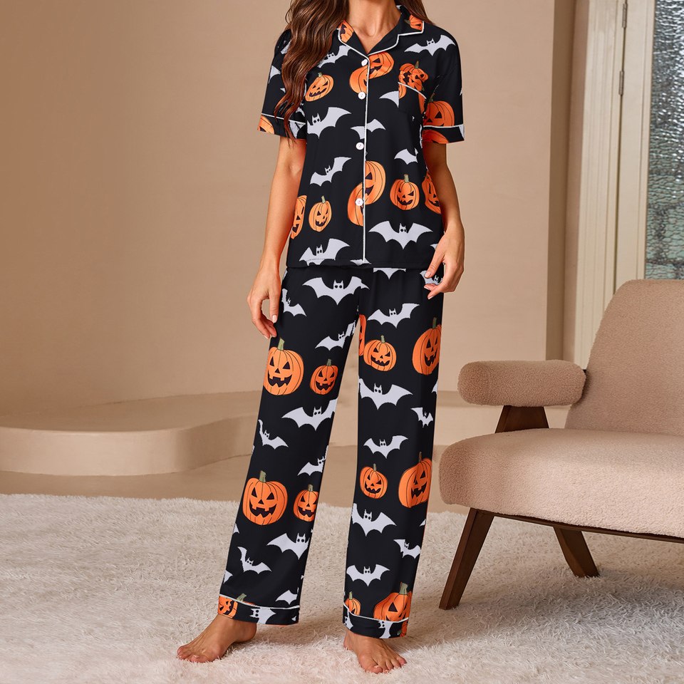 Pyjama femme Halloween noir à motifs citrouilles et chauves-souris, ensemble manches courtes et pantalon long