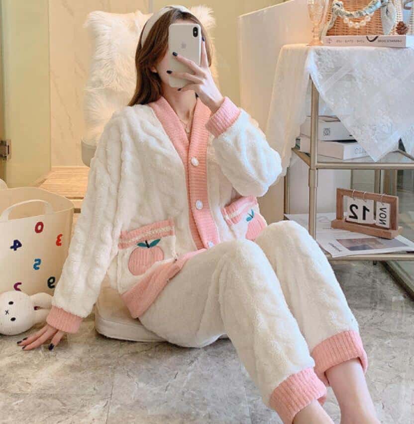 Ensemble 2 pièces surpyjama chaud en flanelle pour adolescents avec pochette_9