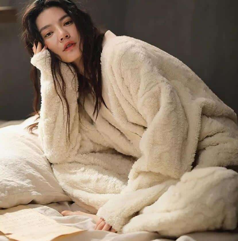 Ensemble 2 pièces surpyjama chaud en flanelle pour adolescents avec pochette Beige XXL