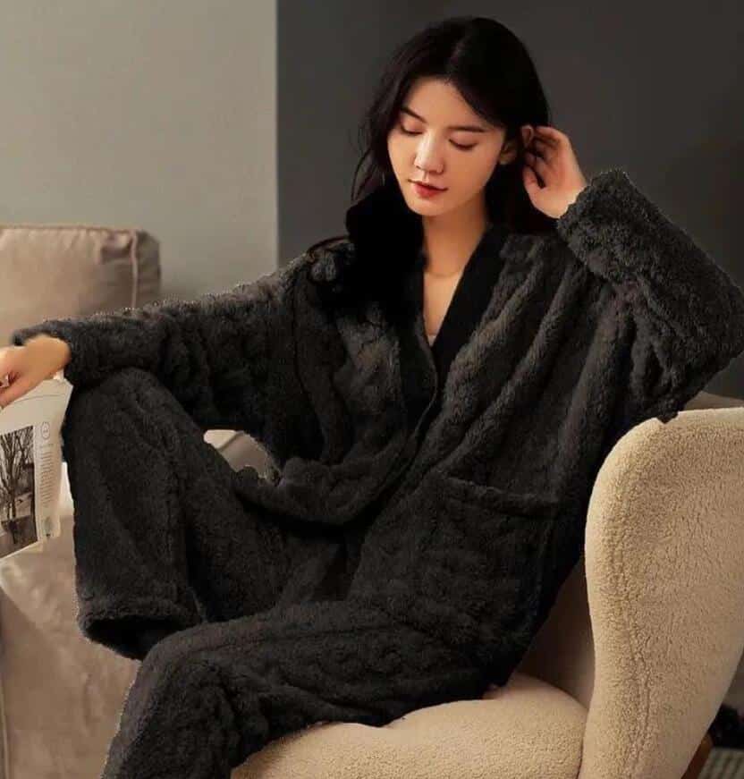 Ensemble 2 pièces surpyjama chaud en flanelle pour adolescents avec pochette Noir XXL