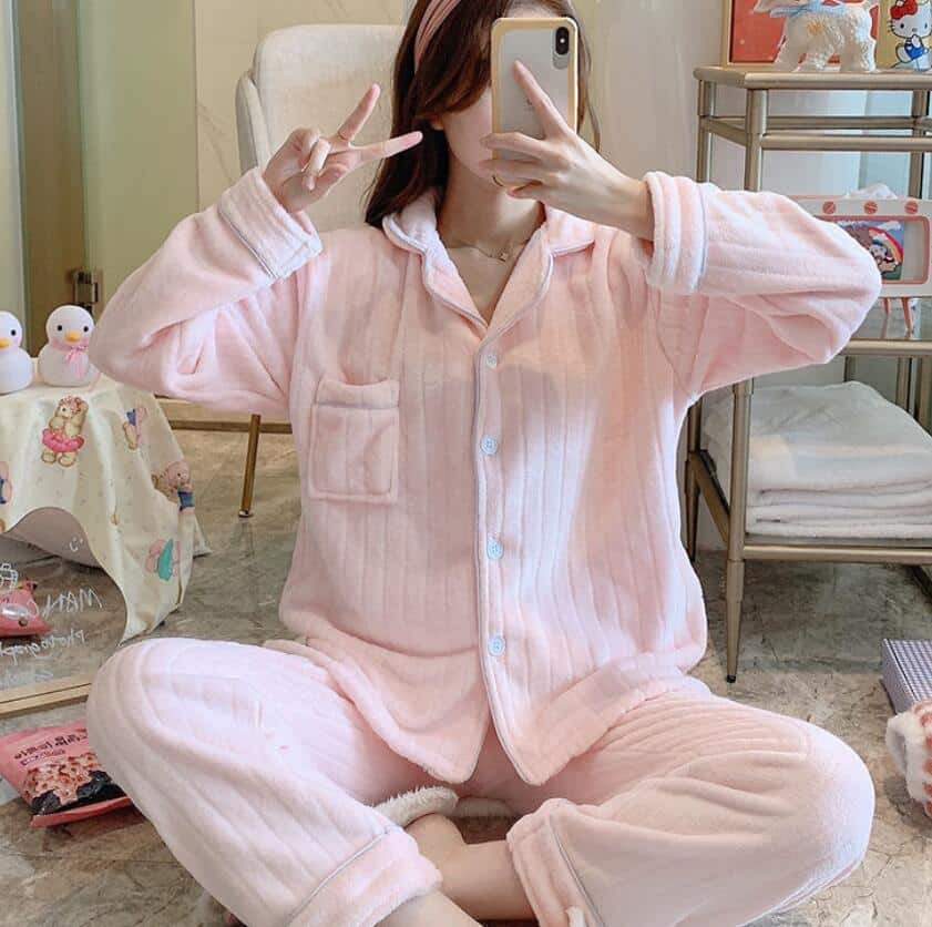 Ensemble 2 pièces surpyjama chaud en flanelle pour adolescents avec pochette Rose XXL