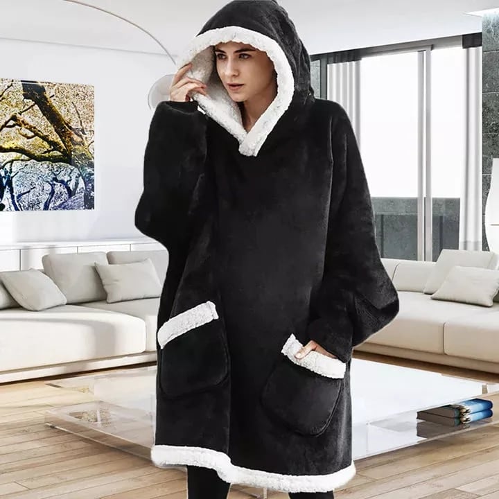 Surpyjama à capuche surdimensionné polaire en flanelle pour homme et femme Noire