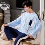 Surpyjama à manches longues en coton tricoté pour homme Bleue claire L