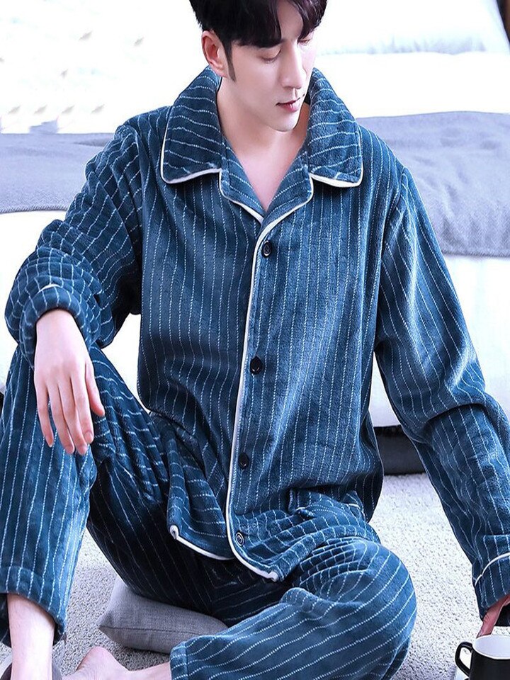 Surpyjama d'hiver à rayures en flanelle douce pour homme_23