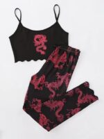 Surpyjama léger en polyester à imprimé dragon chinois pour femme Noire XL