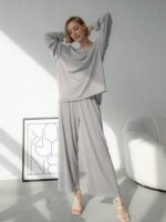 Surpyjama tricoté en polyester à manches longues pour femme Grise L