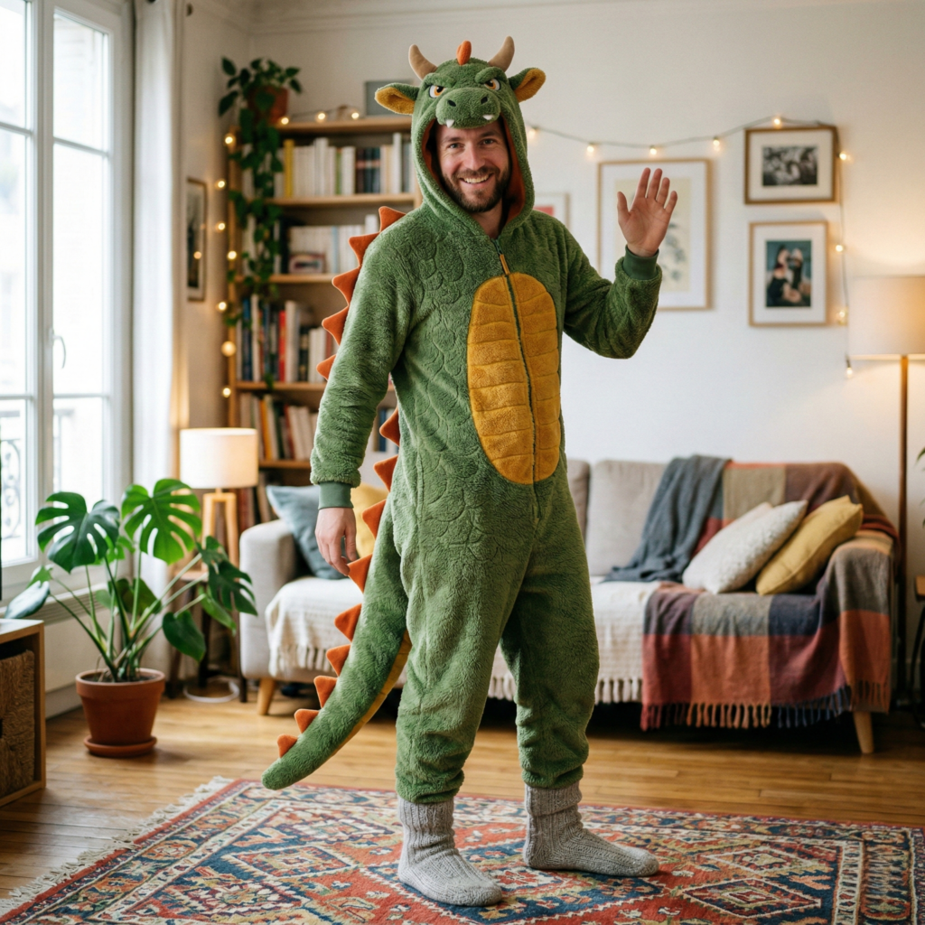 Homme dans un surpyjama combinaison dinosaure vert et jaune