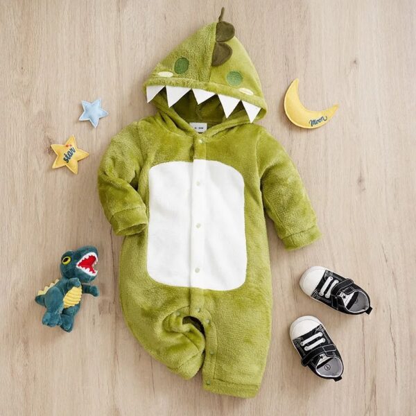 grenouillère bébé en polaire à capuche dinosaure vert