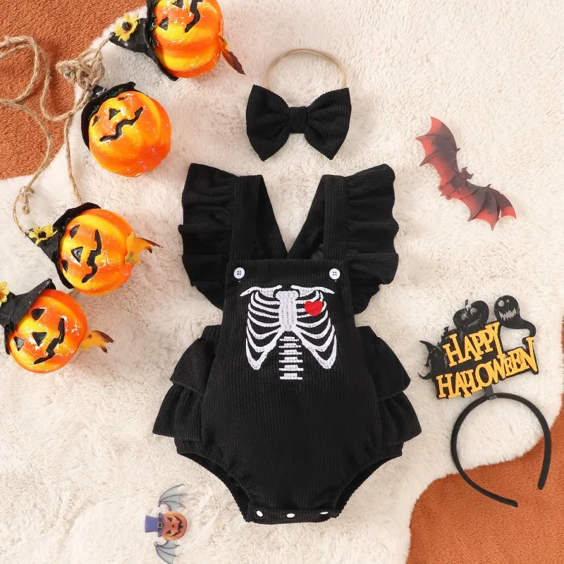 Barboteuse bébé Halloween noire en velours côtelé avec squelette brodé et bandeau assorti