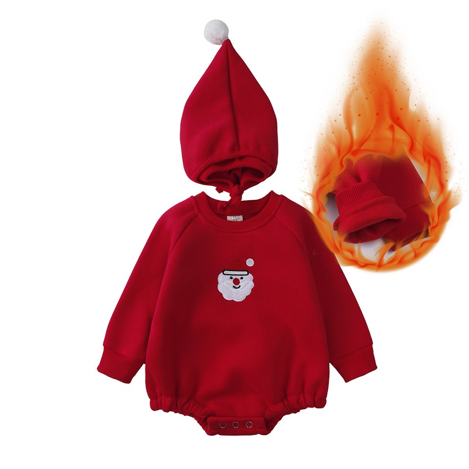 Barboteuse bébé de Noël rouge en polaire avec broderie Père Noël et bonnet à pompon