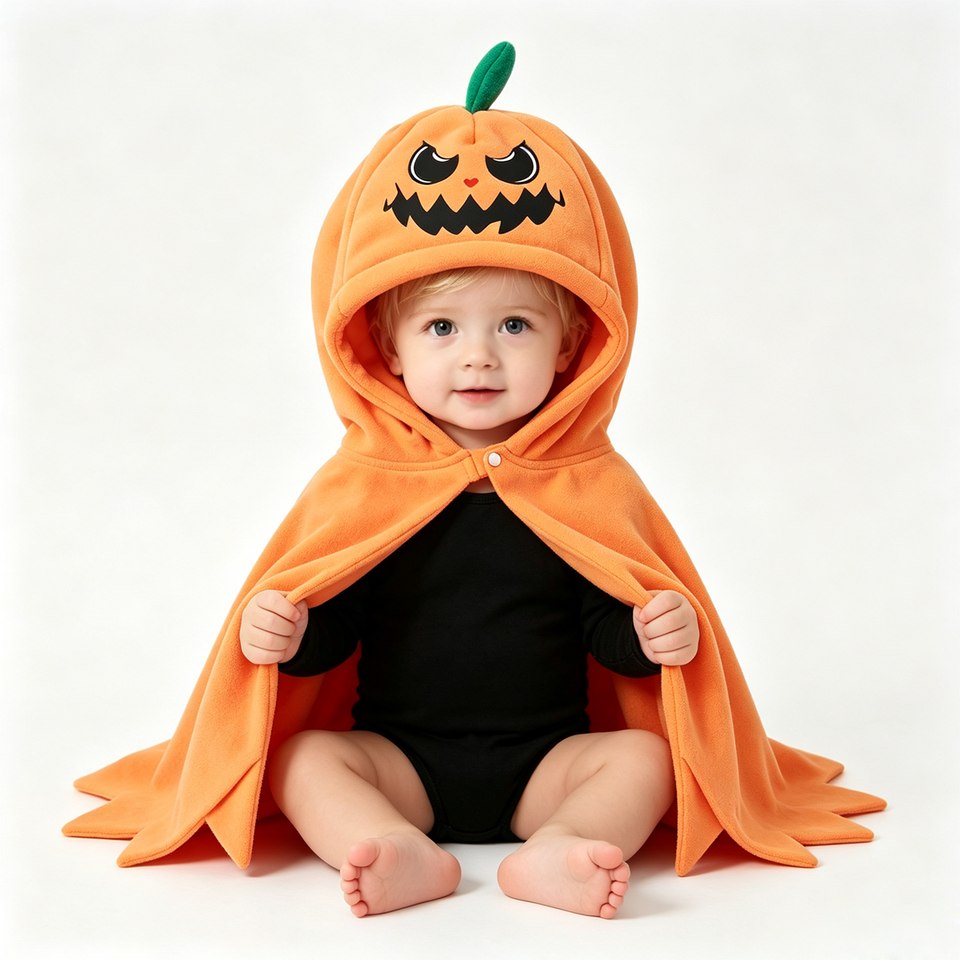 Bébé assis portant la cape à capuche citrouille orange d'Halloween sur un body noir