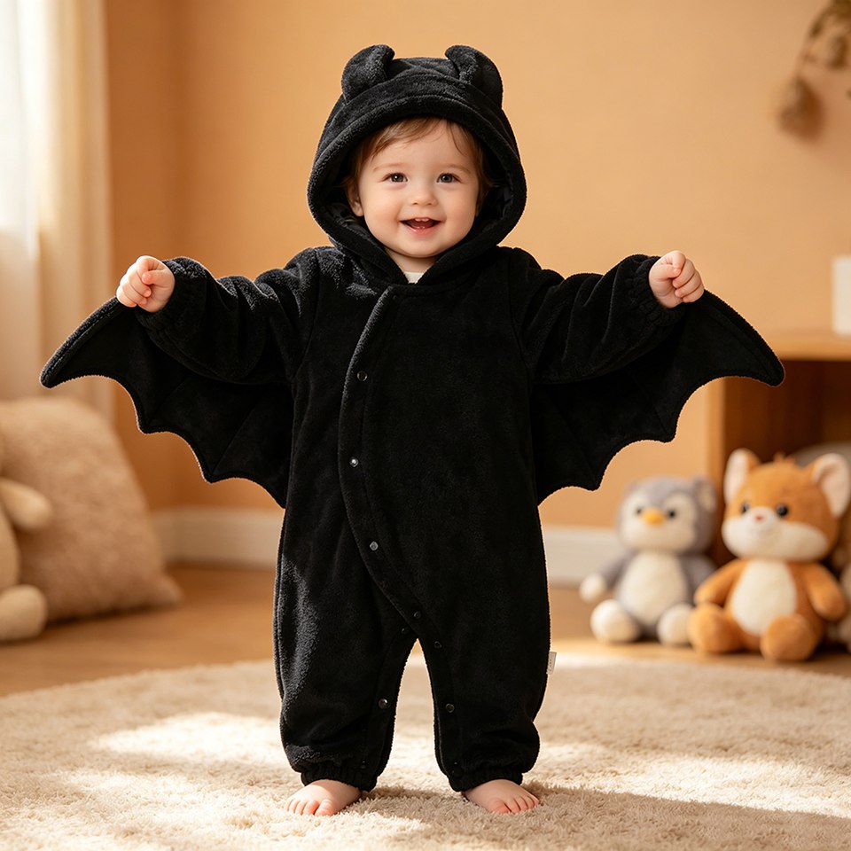 Bébé debout portant la combinaison chauve-souris noire en polaire avec ailes aux manches