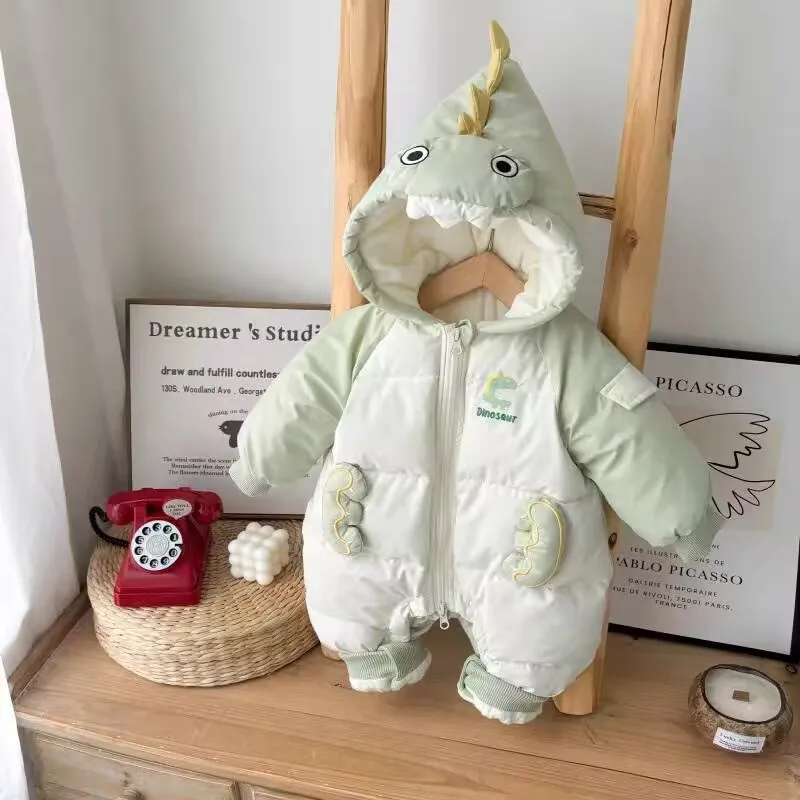 Combinaison bébé dinosaure matelassée à capuche, grenouillère d'hiver zippée vert menthe et crème