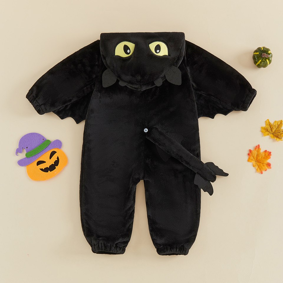 Combinaison bébé dragon noir vue de dos avec capuche, ailes et queue