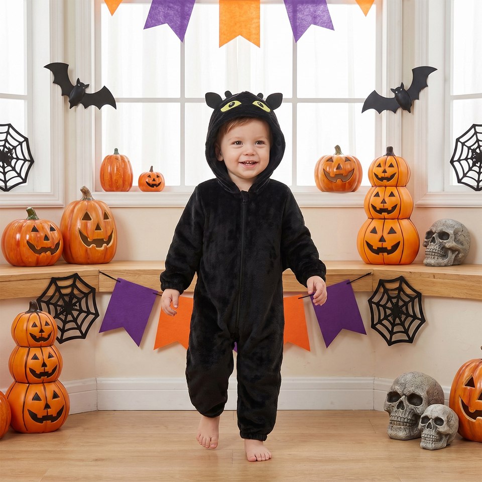 Enfant portant la combinaison dragon noir dans un décor d'Halloween