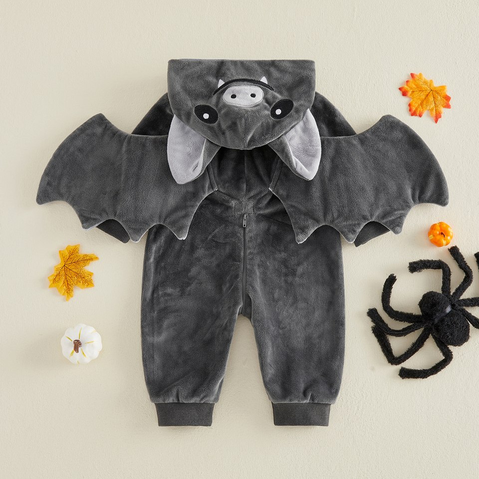 Combinaison bébé Halloween chauve-souris grise vue de dos avec ailes