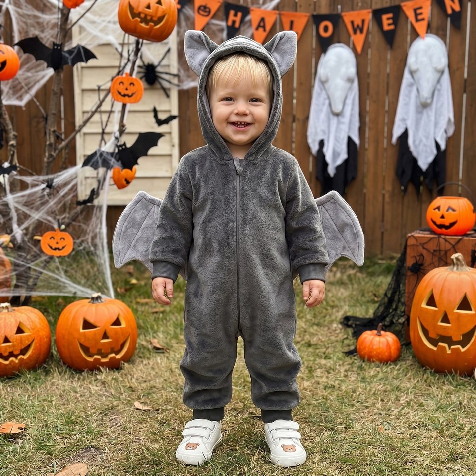 Enfant portant la combinaison chauve-souris grise dans un décor d'Halloween