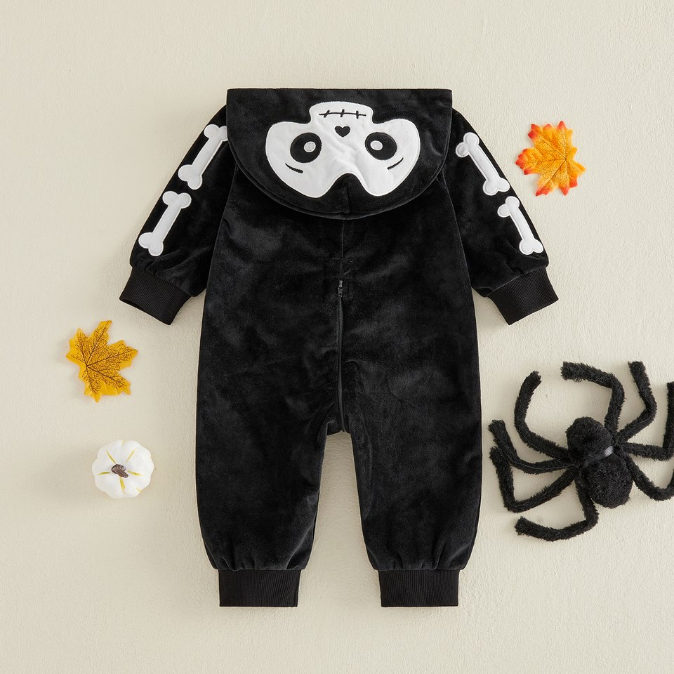 Combinaison bébé Halloween squelette noir vue de dos avec capuche