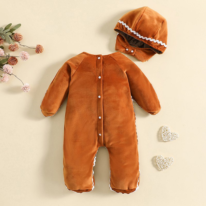 Combinaison bébé pain d'épices vue de dos avec boutons-pression et bonnet