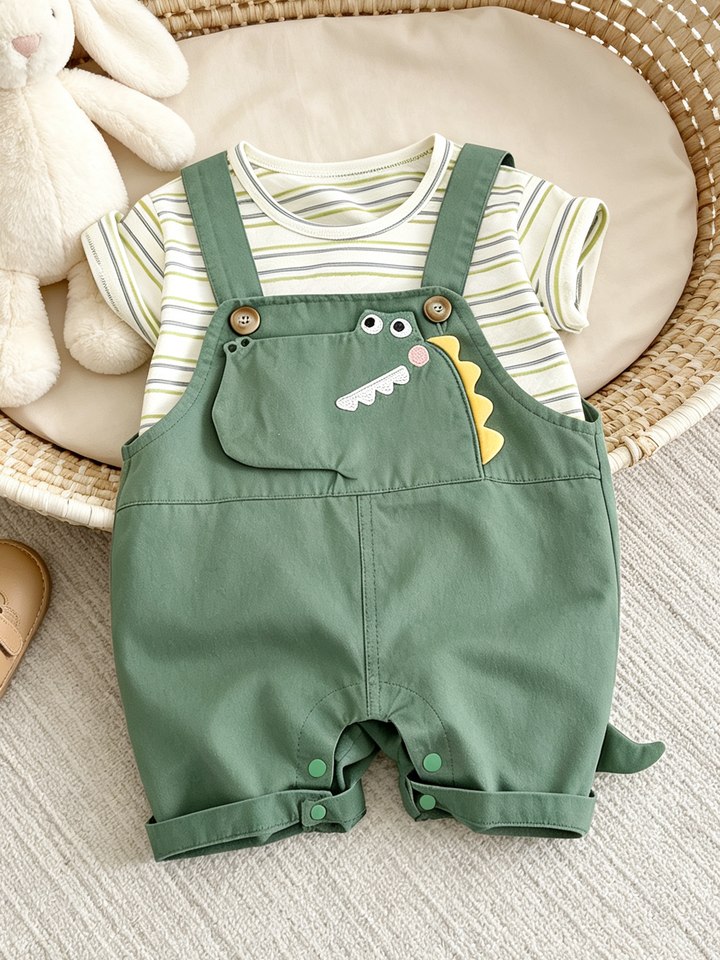 Ensemble bébé salopette dinosaure vert et t-shirt rayé, posé à plat