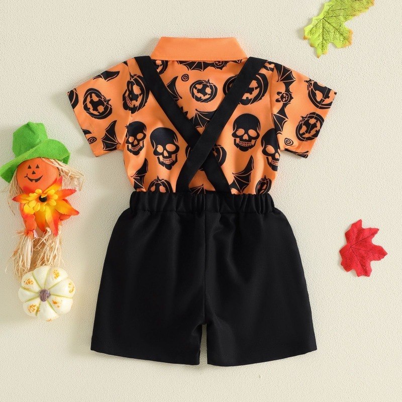 Ensemble bébé Halloween vu de dos avec bretelles croisées du short noir