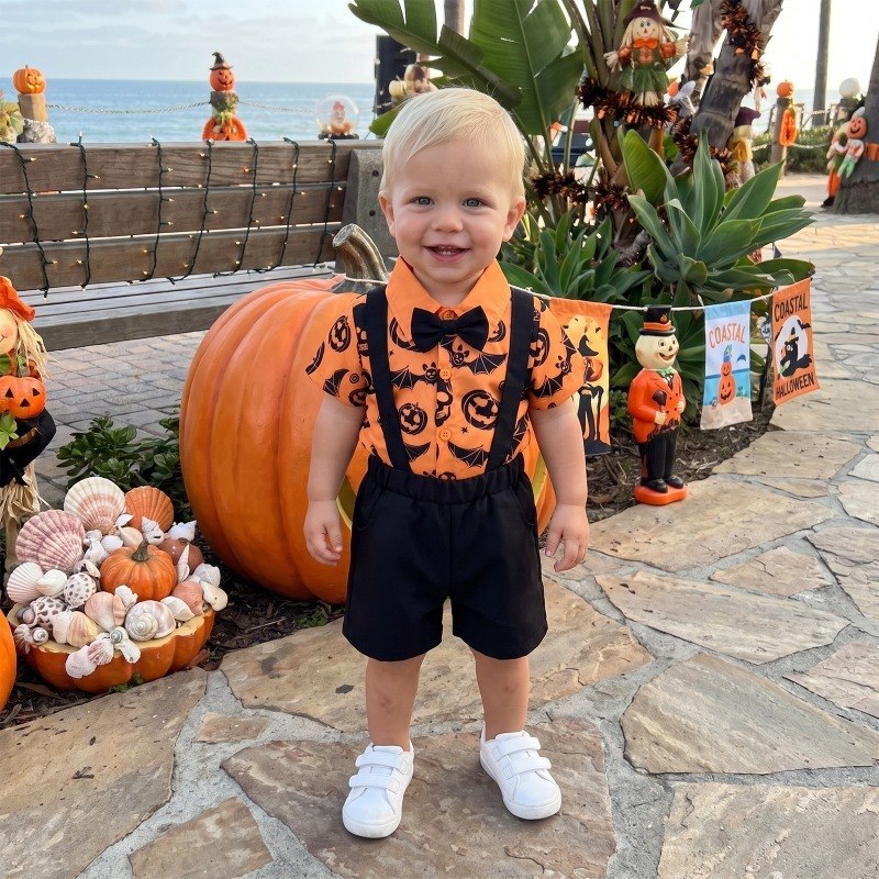 Enfant portant l'ensemble Halloween chemise imprimée et short à bretelles devant des citrouilles