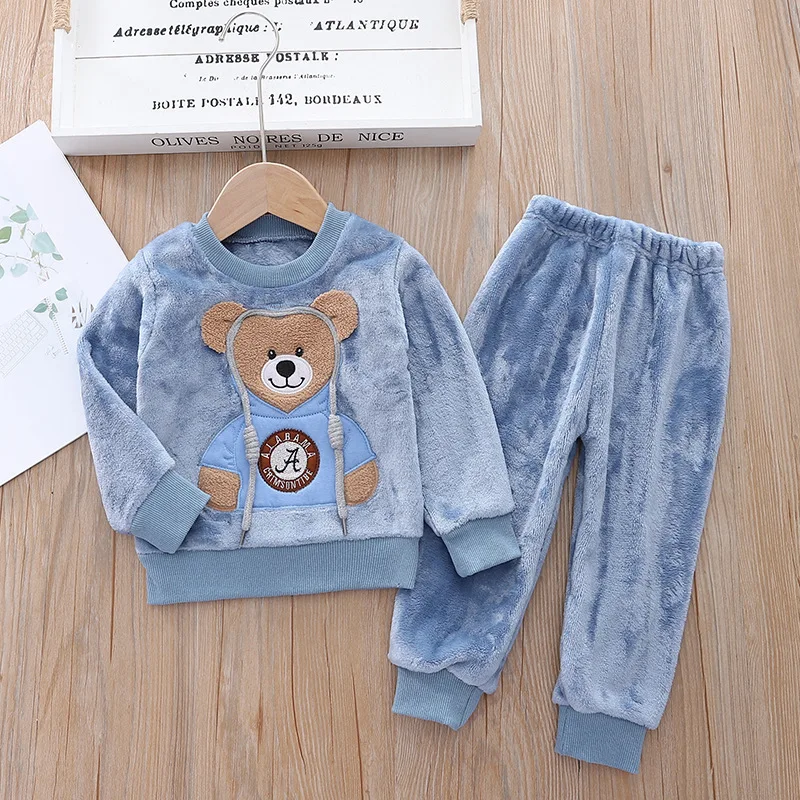 Ensemble d'hiver enfant 2 pièces veste à capuche en velours et pantalon - Bleu ciel