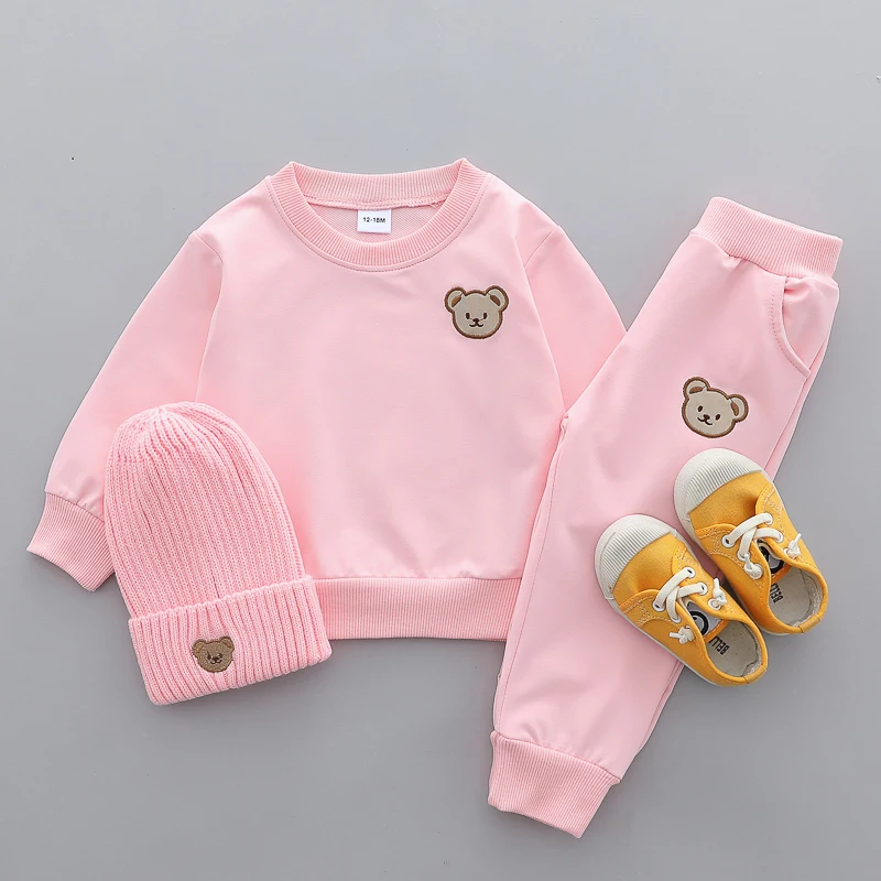 Ensemble enfant sweat et pantalon jogger tête d'ourson brodée, coloris rose