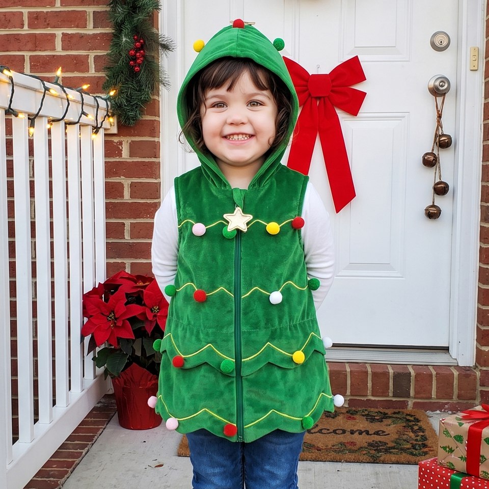 Enfant portant le gilet sapin de Noël avec étoile dorée devant une porte décorée