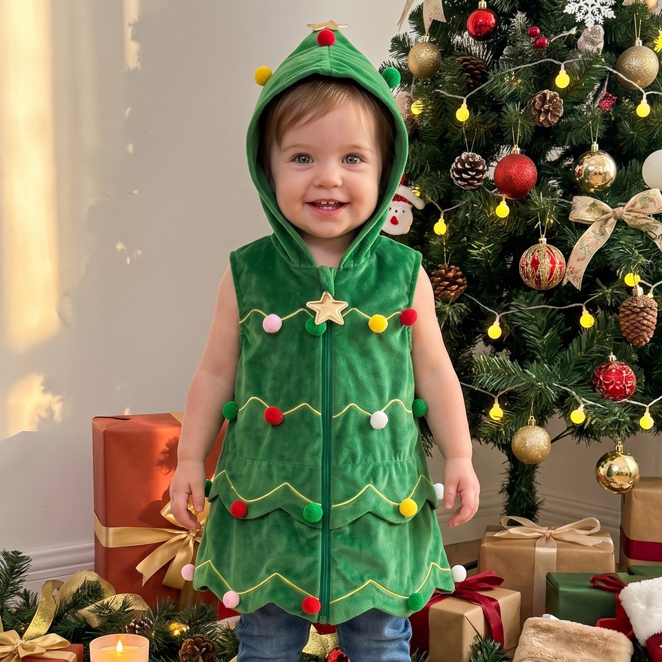 Enfant portant le gilet sapin de Noël vert à capuche devant un sapin décoré