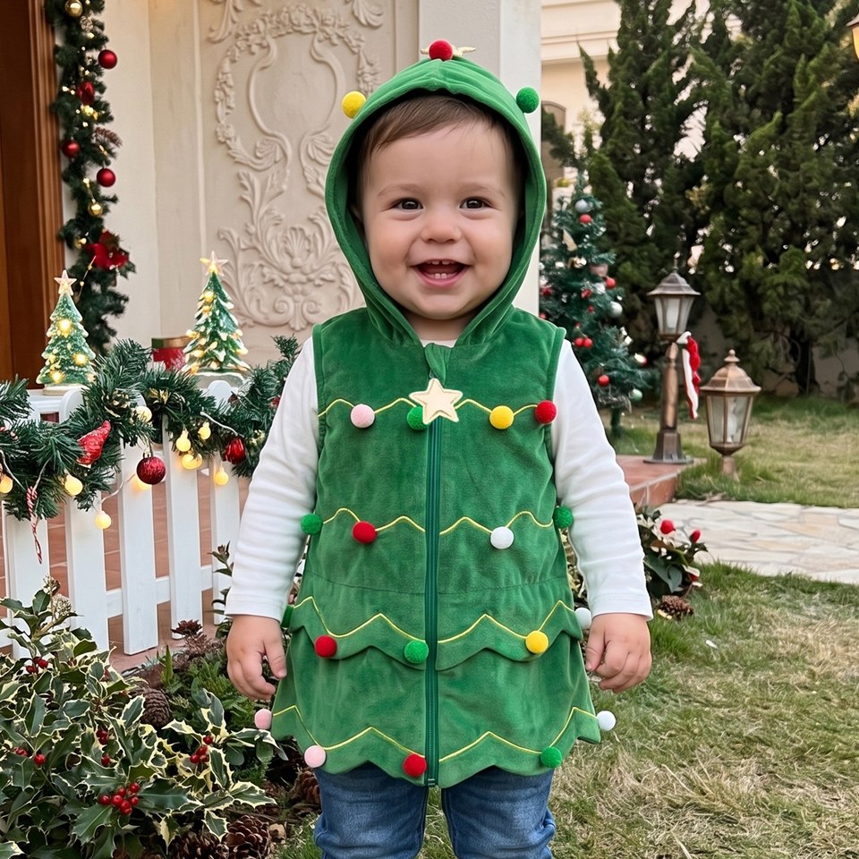 Enfant portant le gilet sapin de Noël avec un pull blanc à manches longues, en extérieur