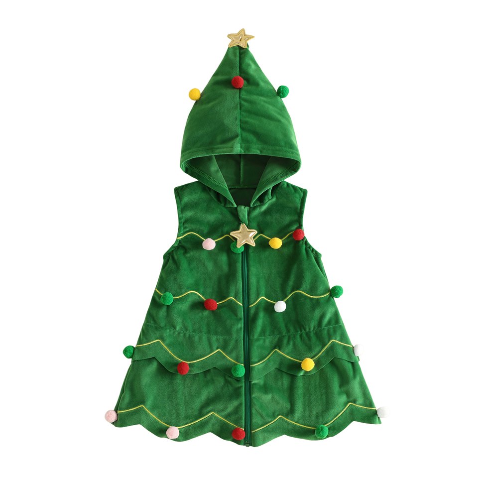 Gilet enfant sapin de Noël vert sans manches à capuche avec étoile dorée et pompons, posé à plat