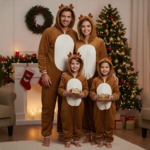 Famille en combinaisons renne marron avec capuche, nez rouge et ventre blanc devant le sapin de Noël