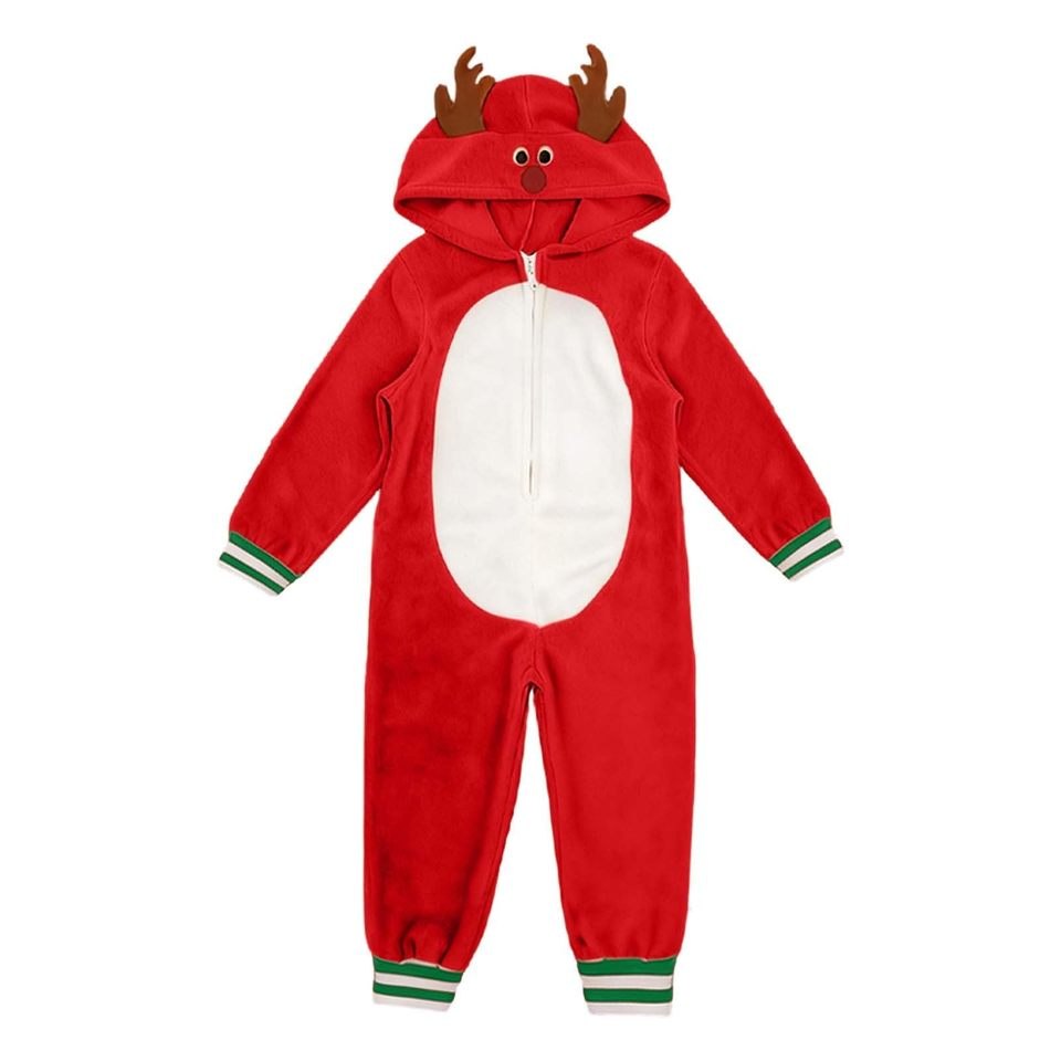 Combinaison renne rouge à capuche, nez rouge et ventre blanc, posée à plat