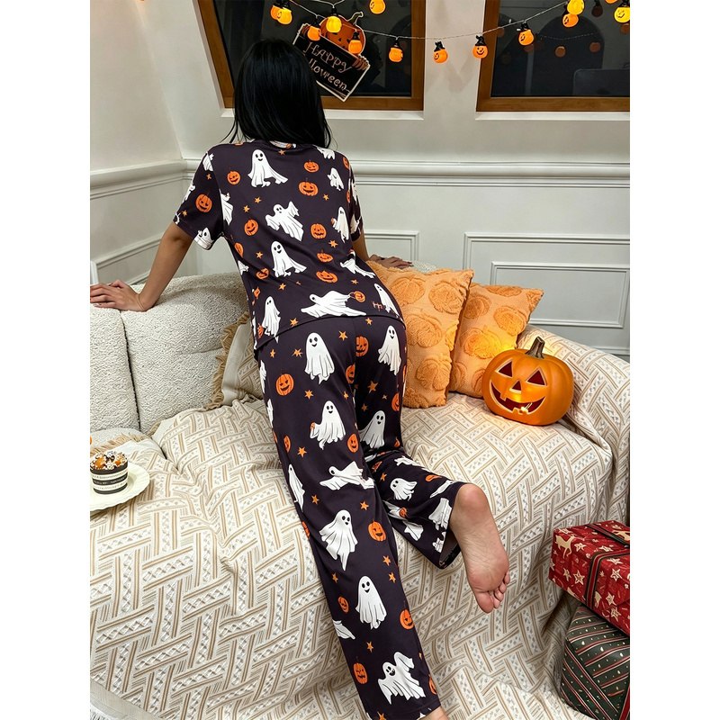 Pyjama femme Halloween noir fantômes et citrouilles vu de dos