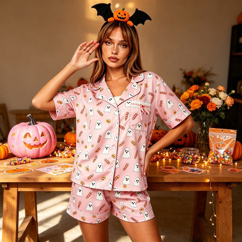 Femme en pyjama satiné rose chemise et short à motifs fantômes, décor Halloween
