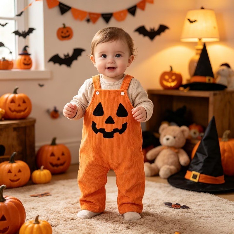 Enfant portant la salopette citrouille orange en velours côtelé dans un décor d'Halloween