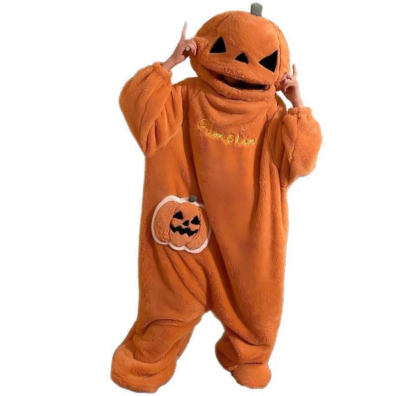 Surpyjama citrouille adulte : combinaison Halloween en polaire corail orange vue de face