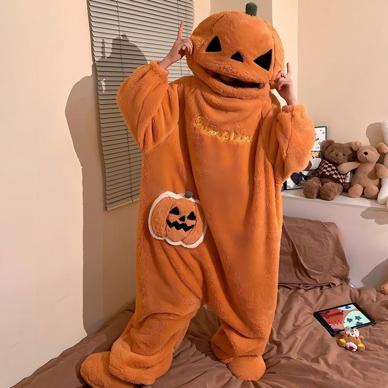 Surpyjama combinaison citrouille adulte avec poche citrouille brodée et broderie Pumpkin