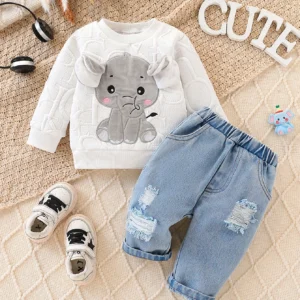Ensemble bébé sweat blanc matelassé à éléphant et pantalon en denim vieilli