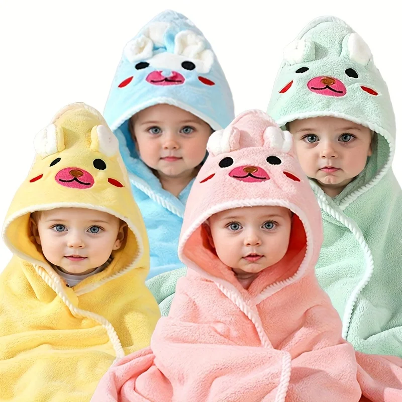 Grande serviette de bain bébé à capuche 80 x 80 cm en coloris jaune, rose, bleu et vert