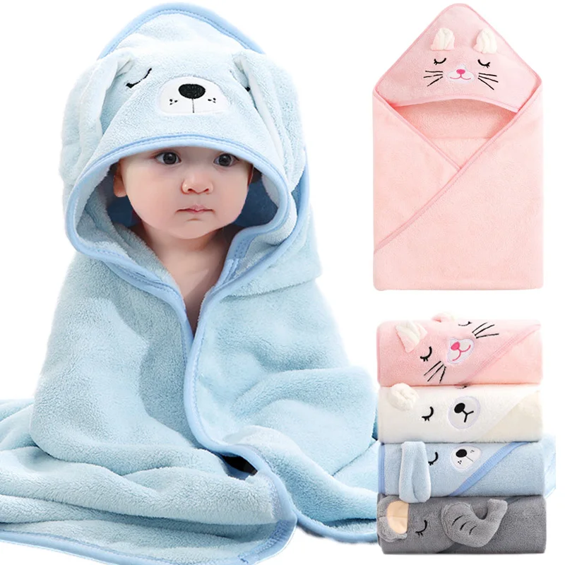 Serviette de bain bébé à capuche animaux, coloris bleu, rose, blanc et gris